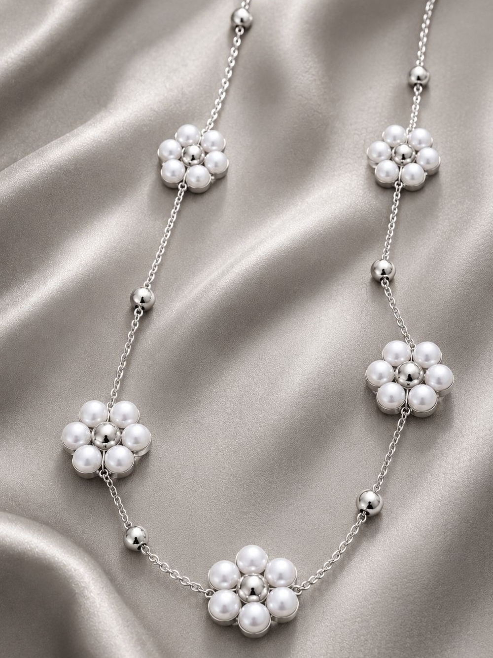 Silver and White Pearl Flower Station Necklace - Picture 3 of 5